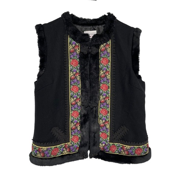 Victor Costa Occasion Black Vest Size Large Wool Faux Fur Soutache Trim Floral - Picture 3 of 11